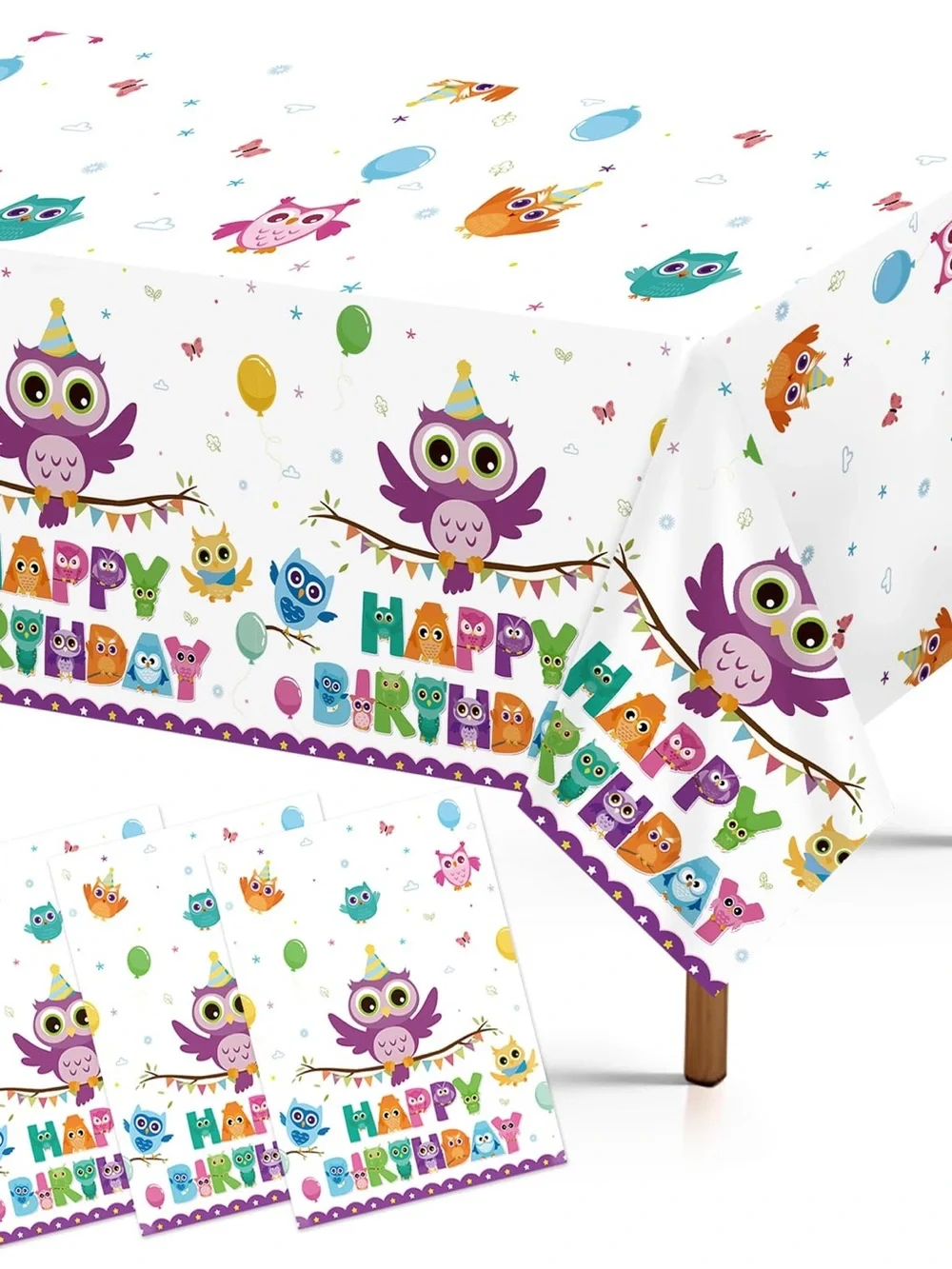 Colorful Owl Birthday Tablecover - Purple Multicolor Party Tablecloth